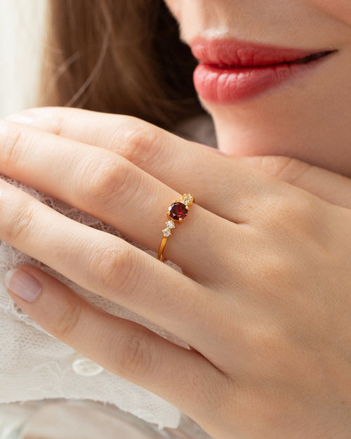 Vianne Jewellery garnet five-stone ring in 18k gold vermeil shown on model