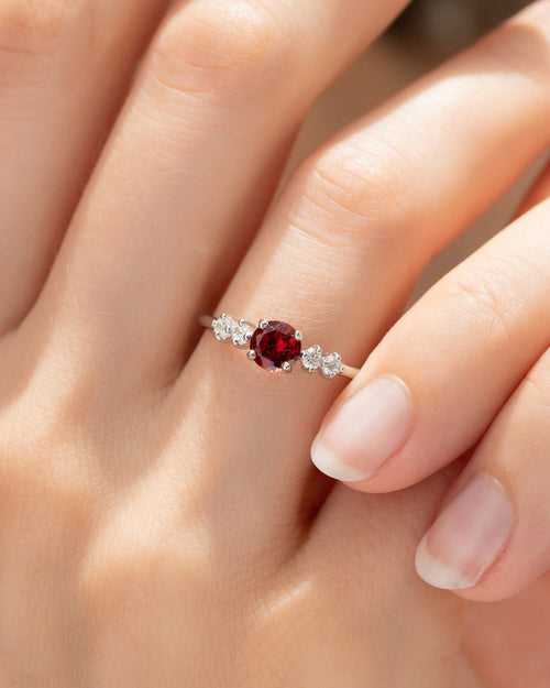 Vianne Jewellery garnet five-stone ring in sterling silver shown on model