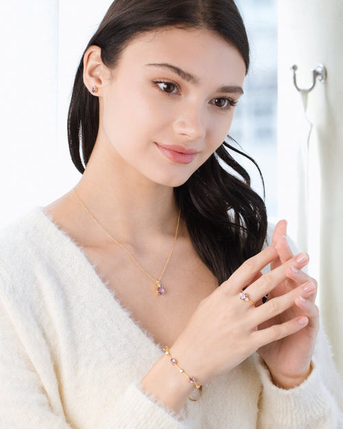 Lavender amethyst bracelet ring and earrings in 18k gold vermeil model image