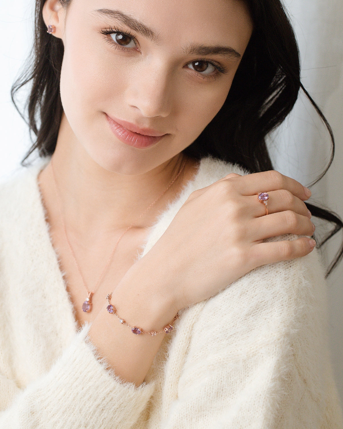 Lavender amethyst jewellery set in 18k rose gold vermeil on model