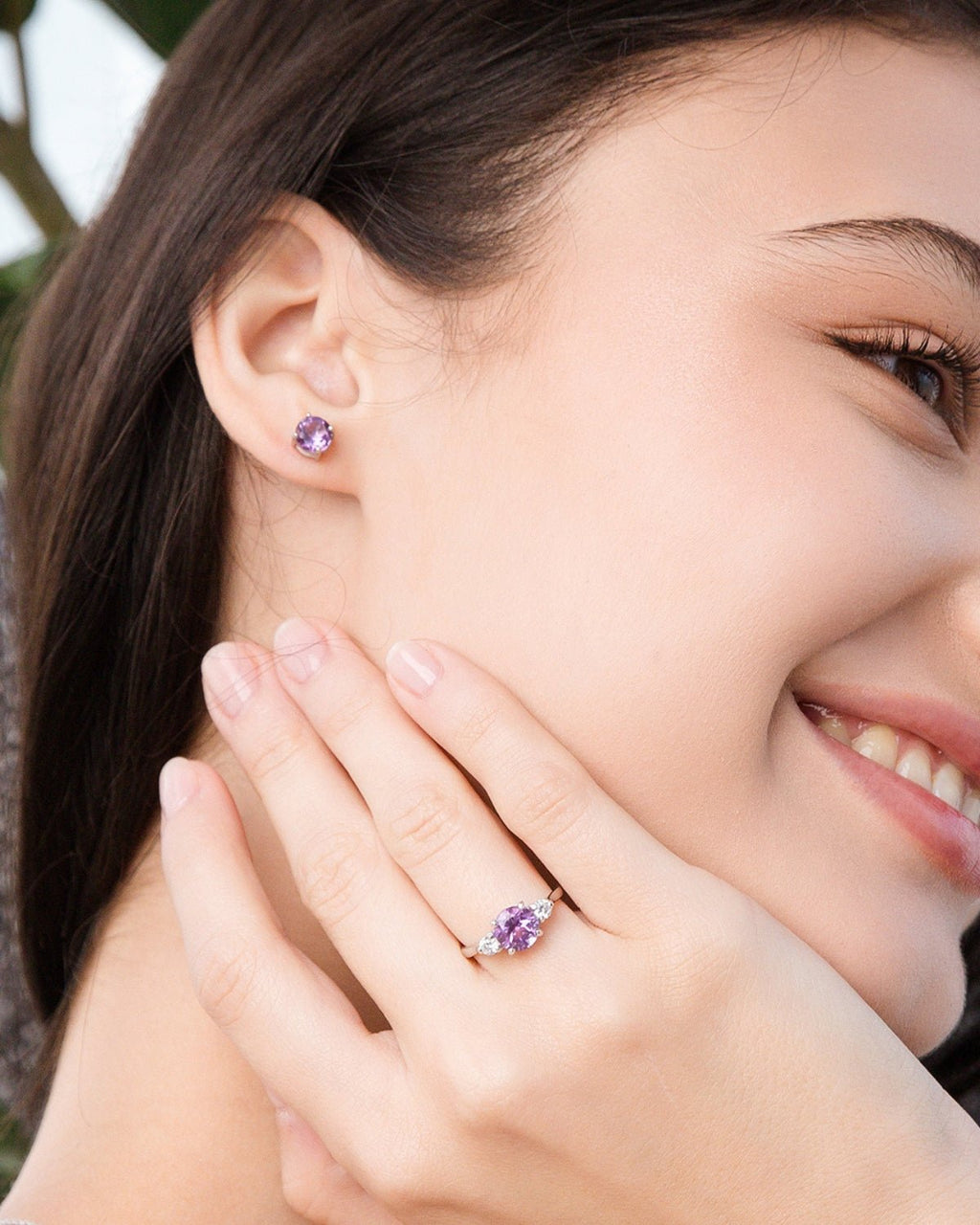 Lavender amethyst round stud earrings and three stone ring in sterling silver model detail