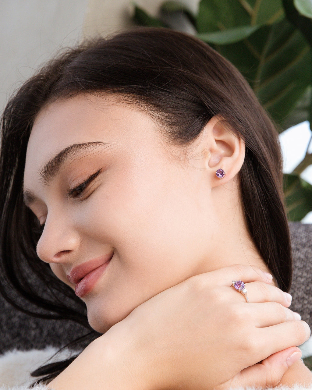 Lavender amethyst round stud earrings and three stone ring in sterling silver on model