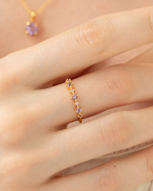 Vianne Jewellery lavender amethyst pendant necklace and pink sapphire amethyst eternity ring in 18k gold vermeil shown on model