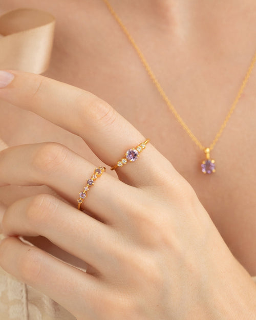 Vianne Jewellery lavender amethyst pendant necklace five-stone ring and pink sapphire amethyst eternity ring in 18k gold vermeil shown on model