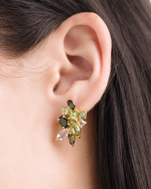 Large green gemstone cluster earrings in 18k gold vermeil model image