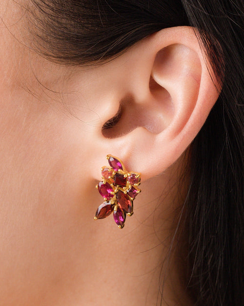 Large red gemstone cluster earrings in 18k gold vermeil model image
