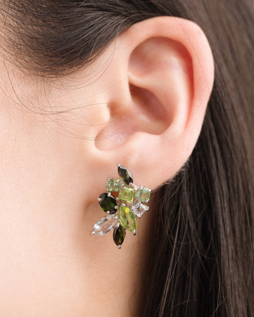 Large green gemstone cluster earrings in sterling silver model image
