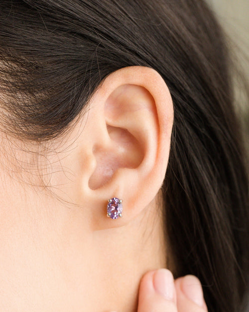 Lavender amethyst oval stud earrings in sterling silver model image