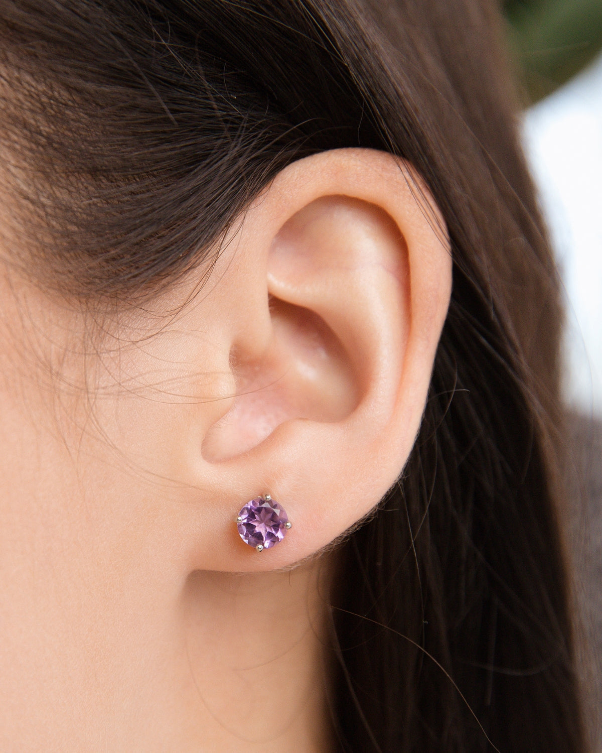 Lavender amethyst round stud earrings in sterling silver model image