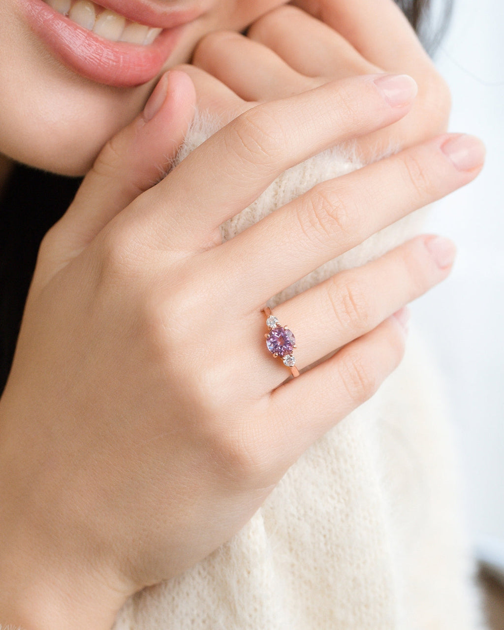 Lavender Amethyst Three Stone Ring in 18k Rose Gold Vermeil
