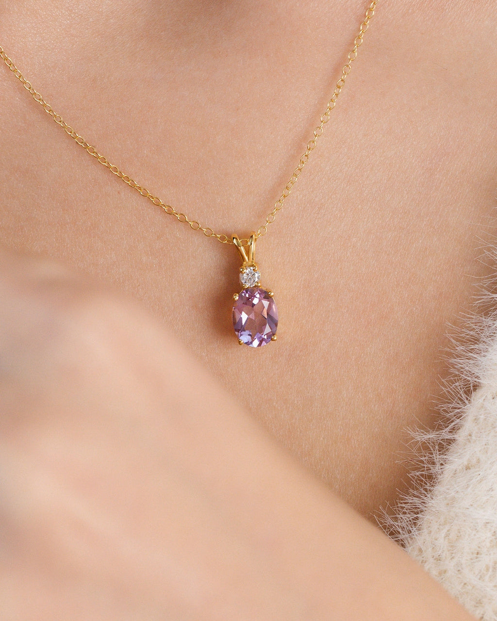 Model wearing lavender amethyst oval pendant necklace in 18k gold vermeil