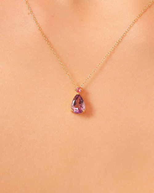 Vianne Jewellery pink ruby and lavender amethyst pendant necklace in 18k gold vermeil shown on model