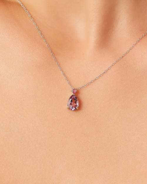 Vianne Jewellery pear cut lavender amethyst and pink ruby pendant necklace in sterling silver shown on model