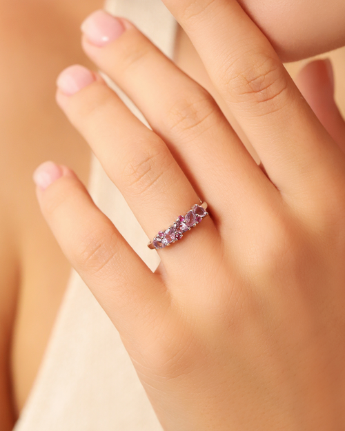 Vianne Jewellery pear cut lavender amethyst and pink ruby ring in sterling silver shown on model