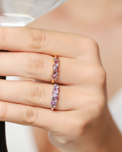 Vianne Jewellery pear cut lavender amethyst and pink ruby rings in sterling silver and 18k gold vermeil shown on model