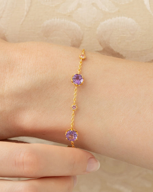 Vianne Jewellery pink sapphire and lavender amethyst tennis bracelet in 18k gold vermeil shown on model