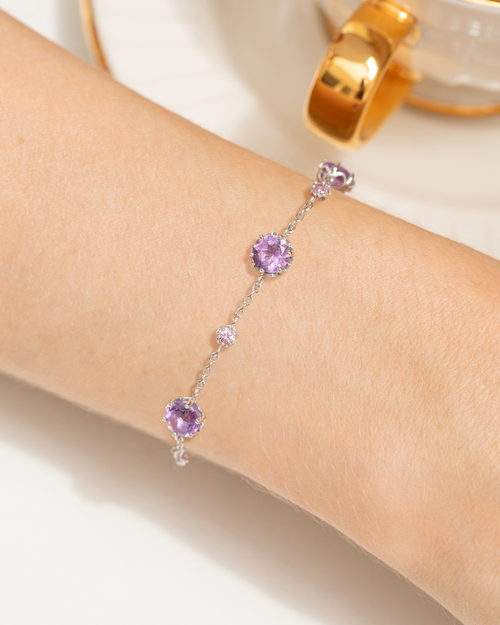 Vianne Jewellery pink sapphire and lavender amethyst tennis bracelet in sterling silver shown on model