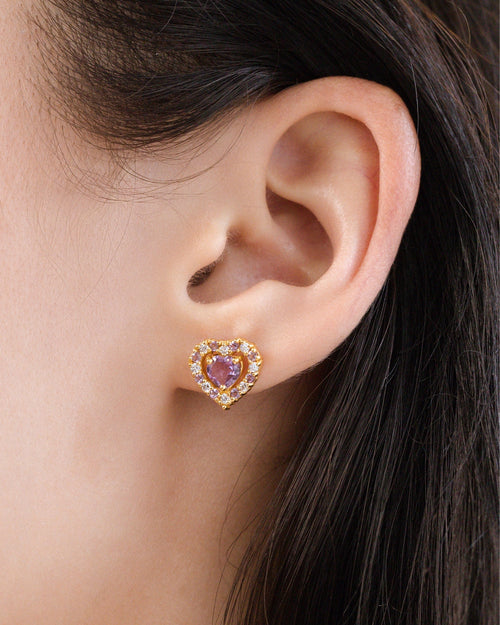 Lavender amethyst heart stud earrings in 18k gold vermeil model image