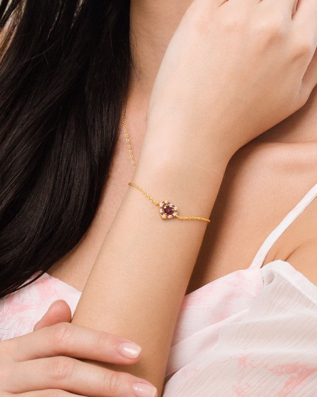 Red Heart Rhodolite Garnet Bracelet in 18k Gold Vermeil