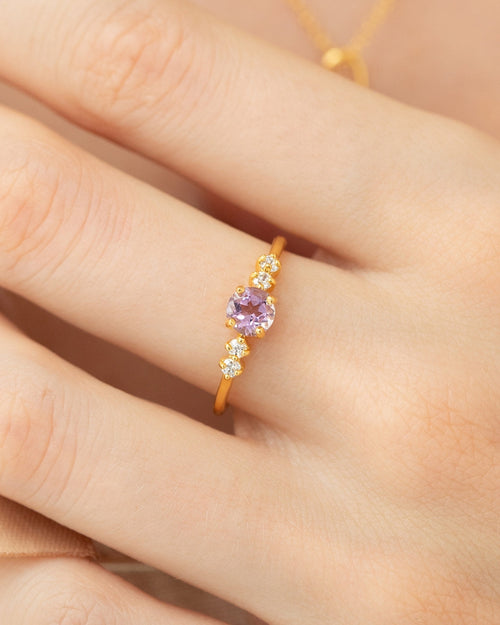 Vianne Jewellery round cut lavender amethyst five-stone ring in 18k gold vermeil shown on model