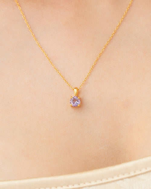 Vianne Jewellery round cut lavender amethyst pendant necklace 6mm in 18k gold vermeil shown on model