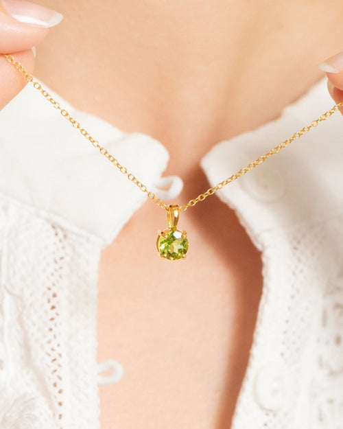 Vianne Jewellery round cut peridot pendant necklace 6mm in 18k gold vermeil shown on model