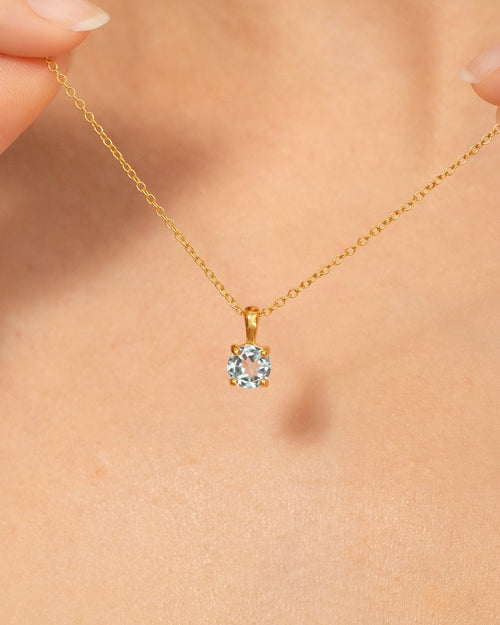 Vianne Jewellery round cut sky blue topaz pendant necklace 6mm in 18k gold vermeil shown on model