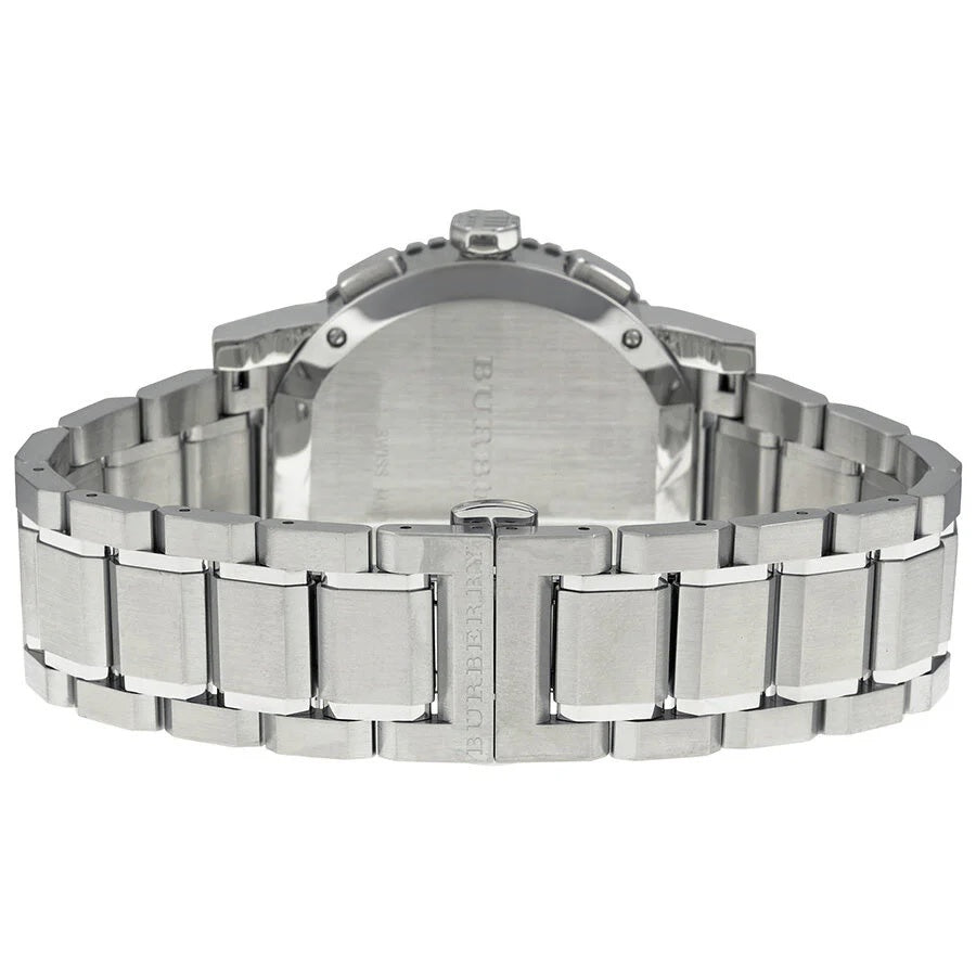 Burberry BU9380 watch detail view with black dial and silver bracelet