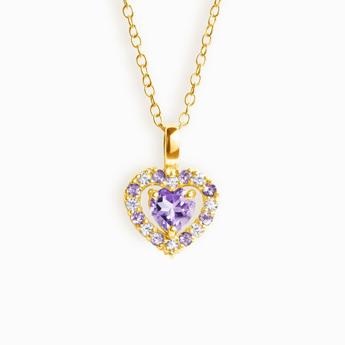 Lavender amethyst heart pendant necklace in 18k gold vermeil on white background