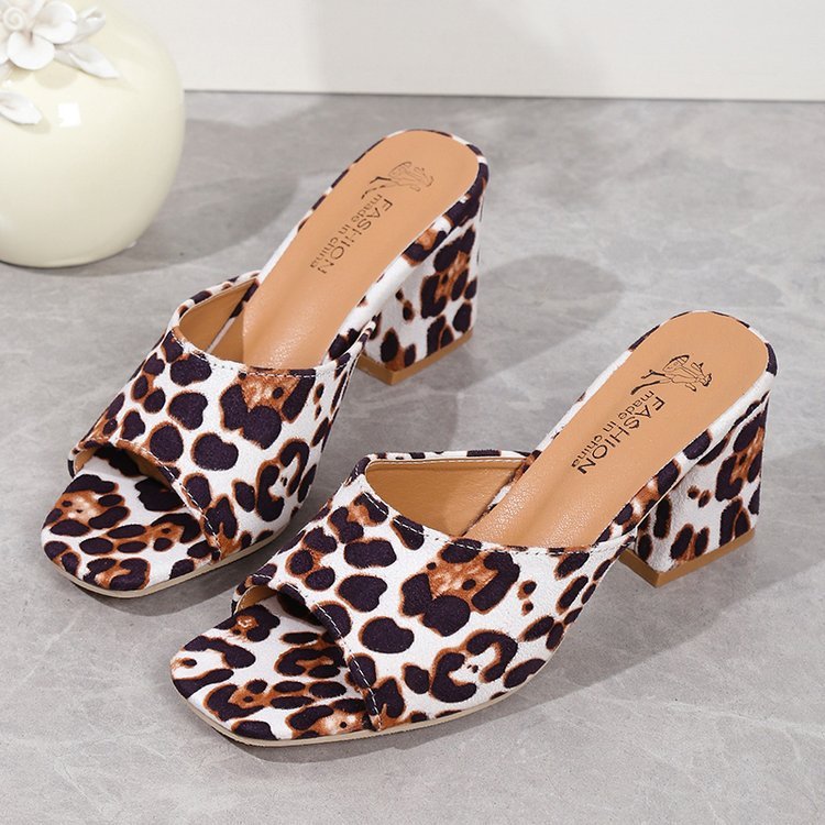 Kenike white leopard square toe chunky heel sandals variant