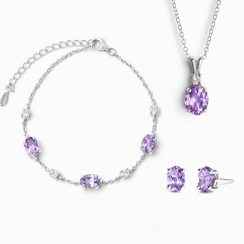 Lavender amethyst jewellery set in sterling silver on white background