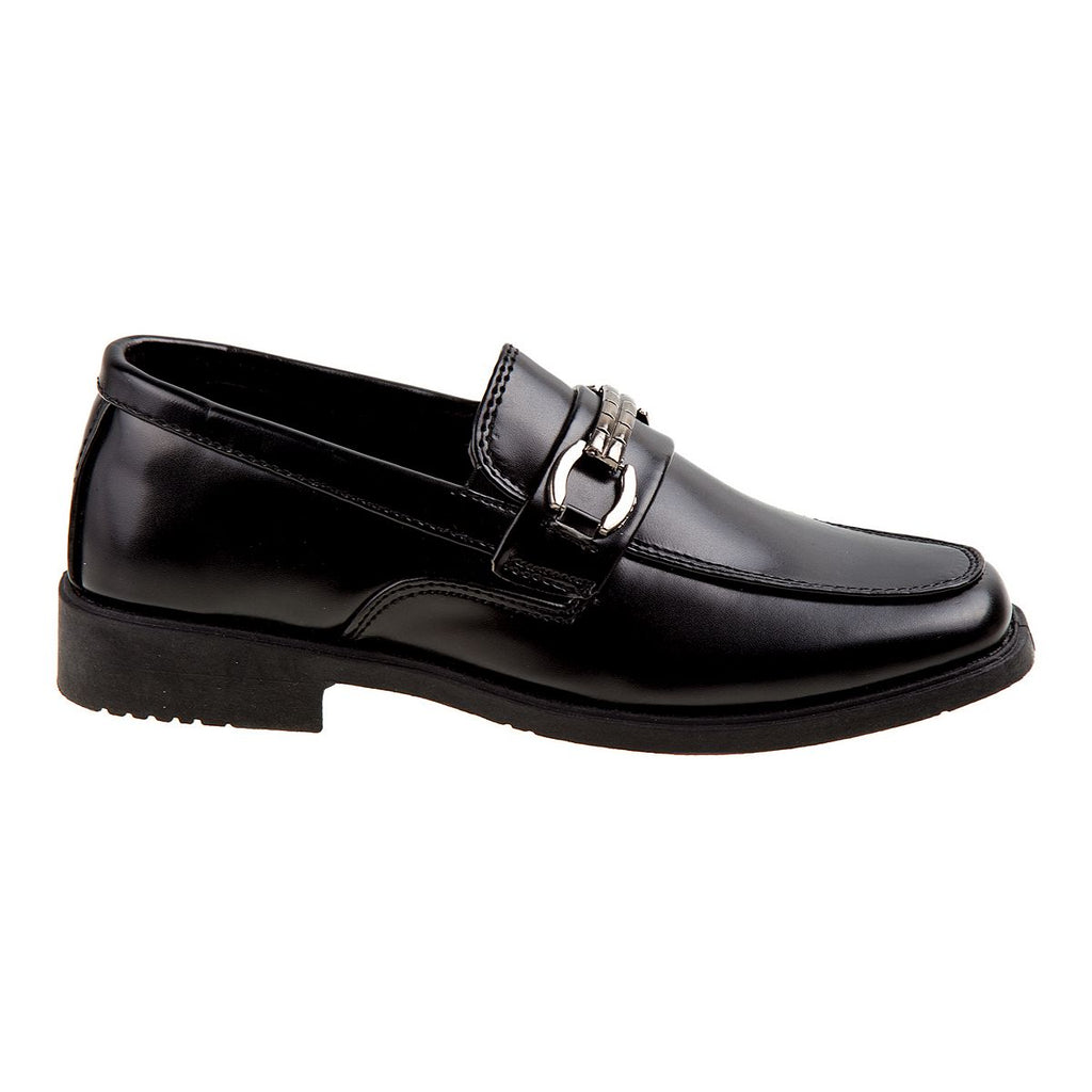 Josmo boys' black slip-on dress shoes angled view