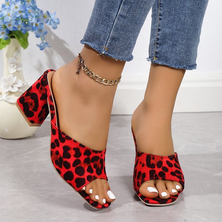 Kenike red leopard square toe chunky heel sandals variant