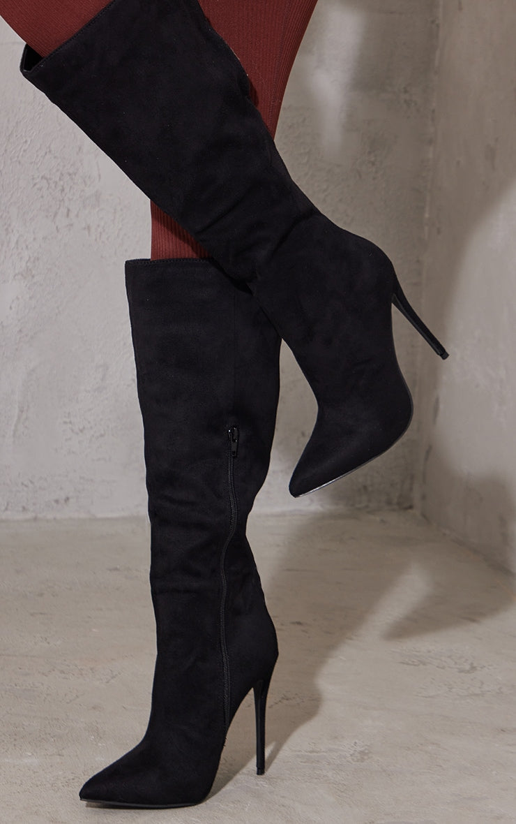 Kenike Emmi black pointed toe knee high boots stiletto heel detail