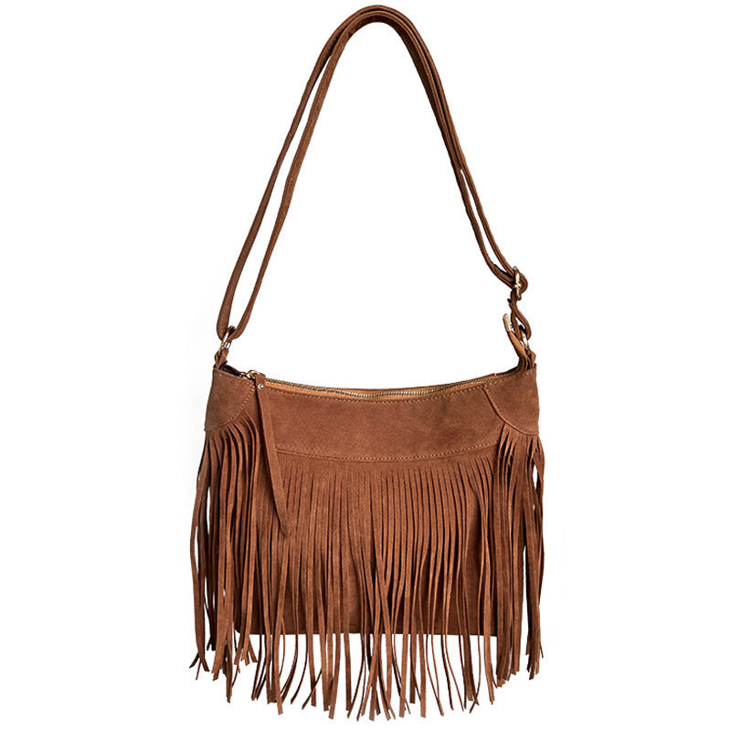 Kenike dark brown tassel retro crossbody shoulder bag front view