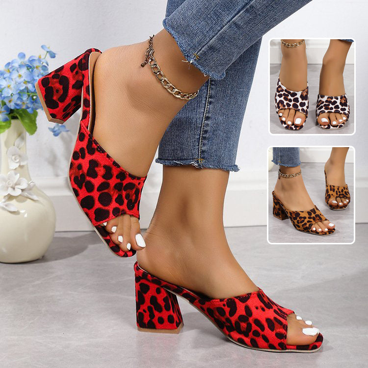 Kenike leopard square toe chunky heel sandals front view