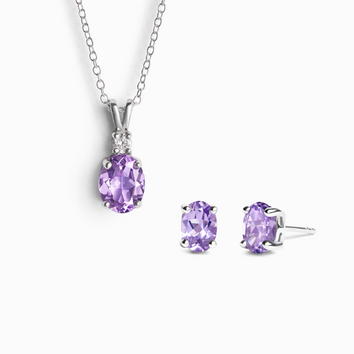 Lavender amethyst jewellery set with necklace and earrings in sterling silver on white background
