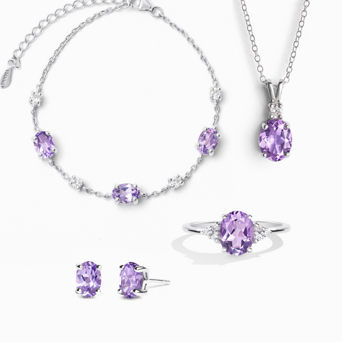 Lavender amethyst complete jewellery set in sterling silver on white background