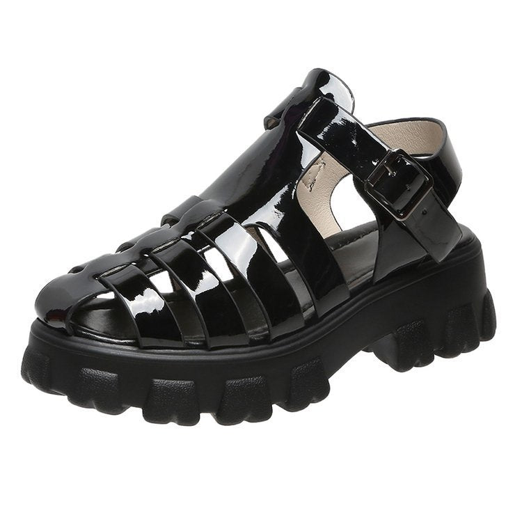 Kenike black mid heel buckle strap platform Roman sandals variant