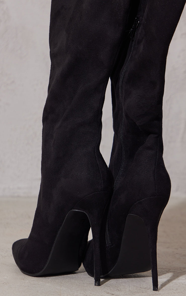 Kenike Emmi black faux suede knee high boots close-up detail