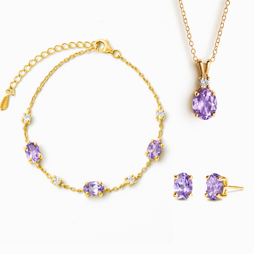 Lavender amethyst jewellery set in 18k gold vermeil on white background