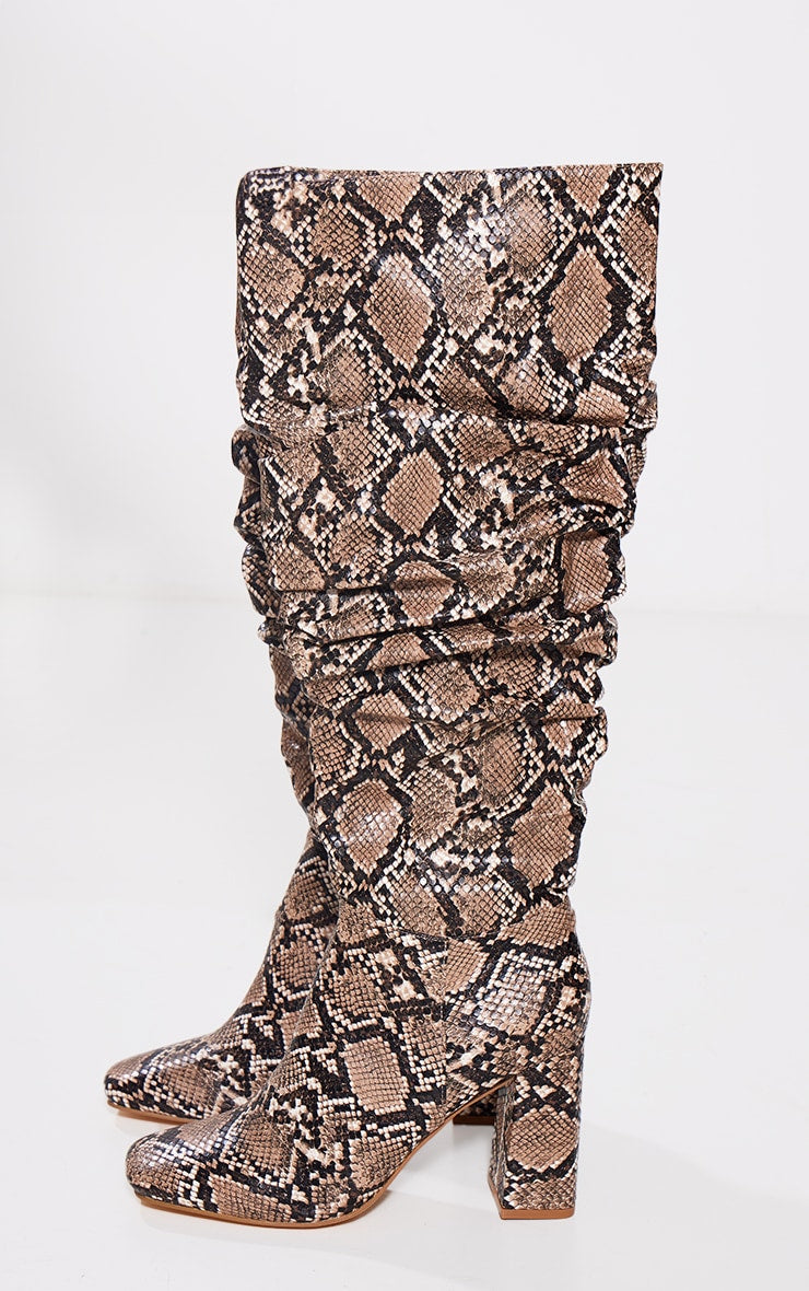 Kenike snake print ruched knee high boots side profile