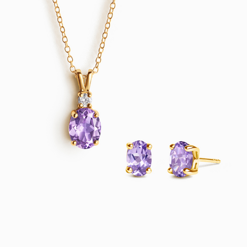 Lavender amethyst jewellery set with necklace and earrings in 18k gold vermeil on white background