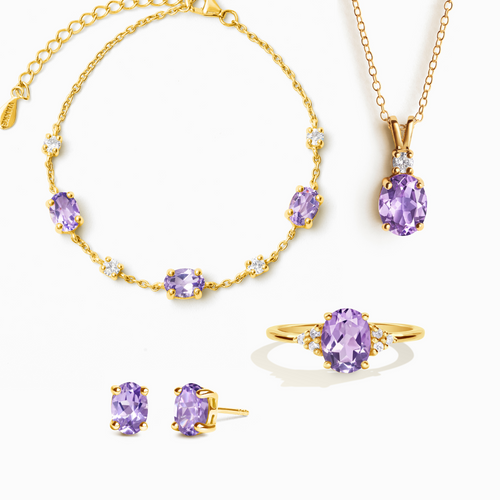 Lavender amethyst complete jewellery set in 18k gold vermeil on white background