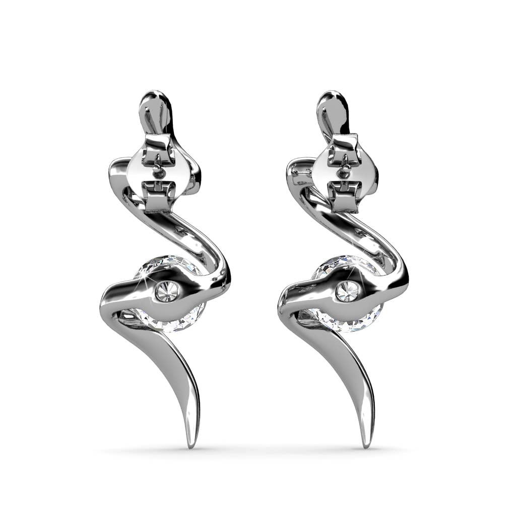 Silver and crystal spiral earrings side view