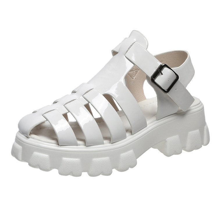 Kenike white mid heel buckle strap platform Roman sandals variant
