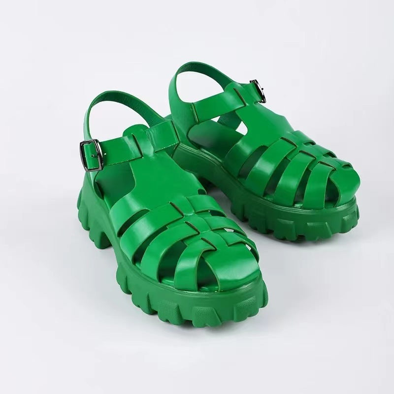 Kenike green mid heel buckle strap platform Roman sandals variant