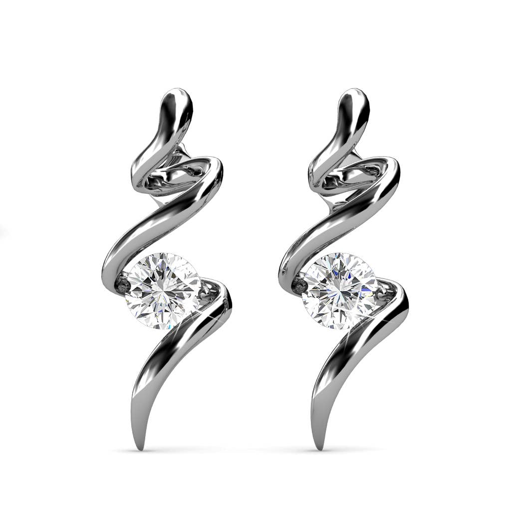 Silver and crystal spiral earrings front view