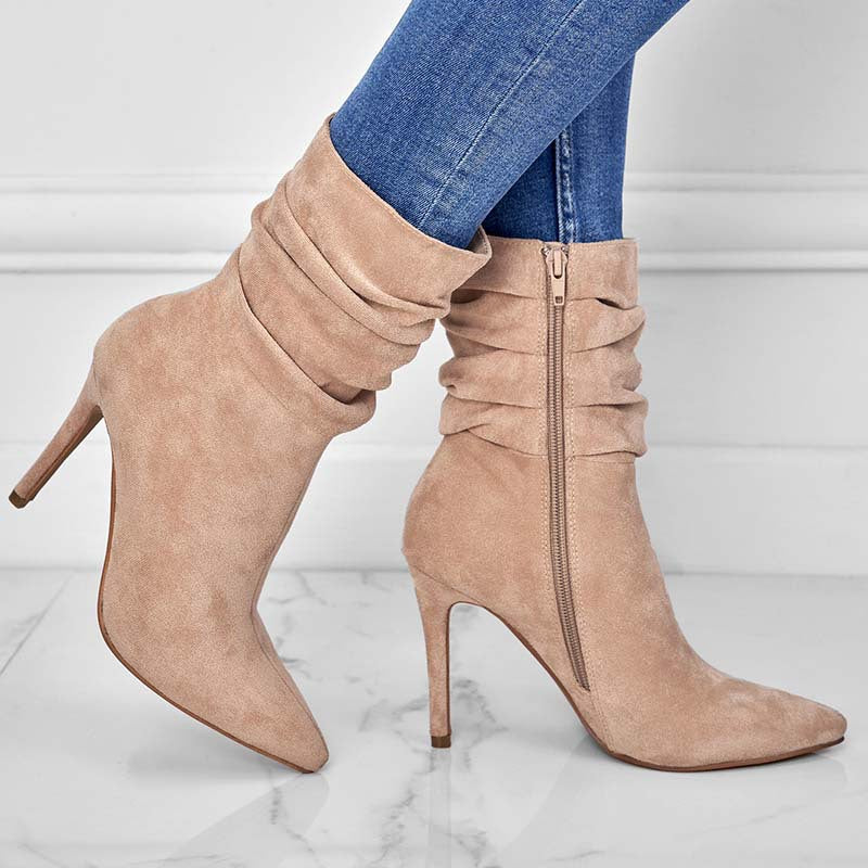 Kenike women's suede pointed high heel boots side profile