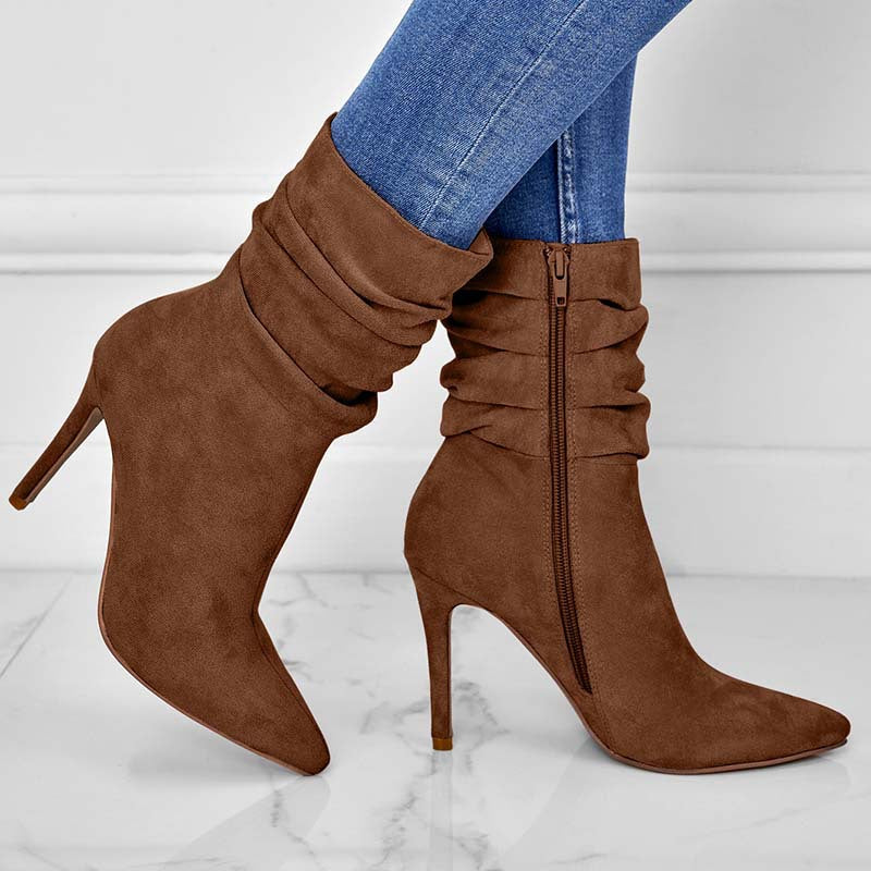 Kenike women's suede pointed high heel boots pointed toe detail
